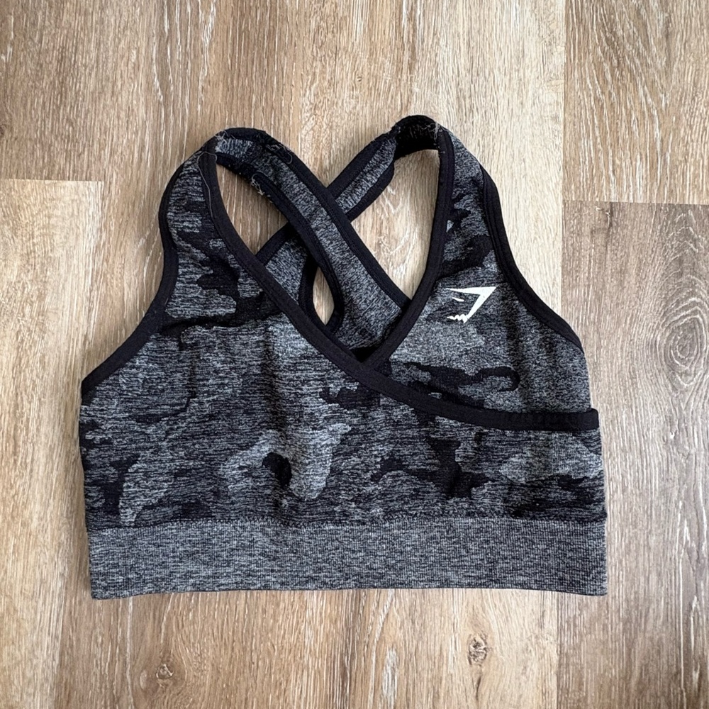 Gymshark Black and Gray Camo Sports Bra